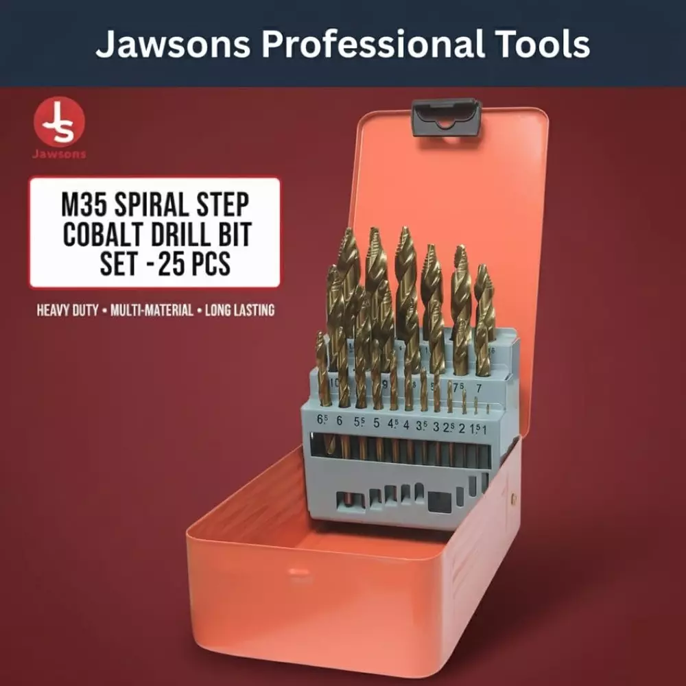 Jawsons M35 Spiral Step Cobalt Drill Bit Set High Speed Steel (HSS) Titanium Coated (Set of 25 Pcs)