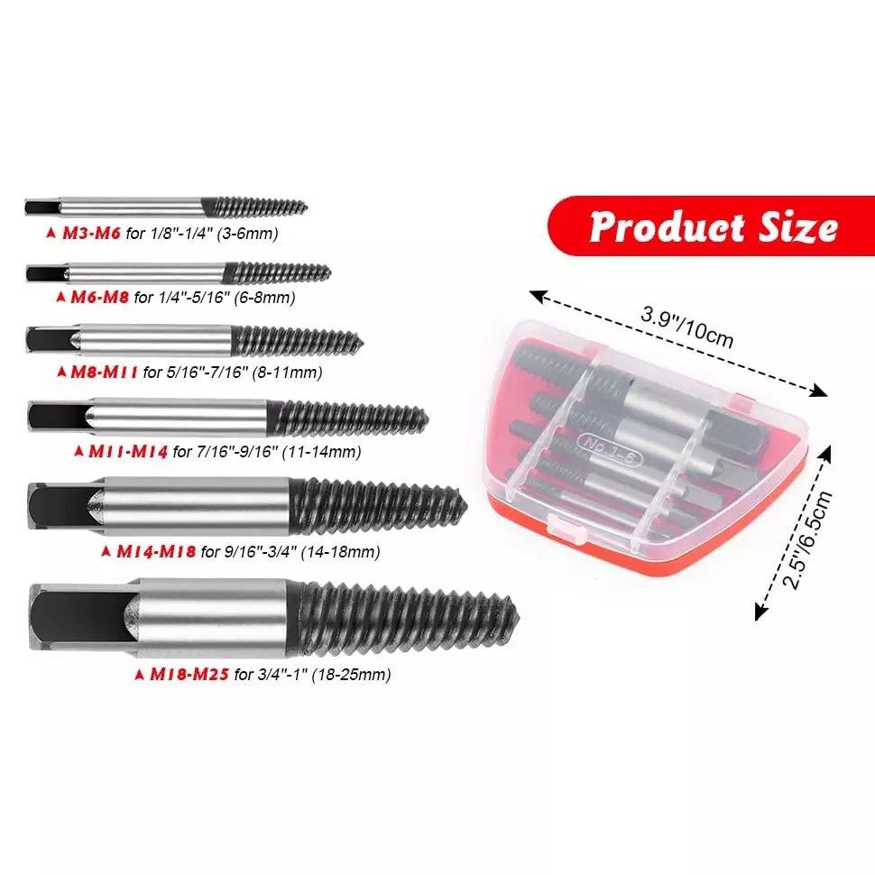 DY TOOLS Helix Type Screw Extractor Set 1/8-1/2 inch Suitable Screw Diameter Range with Orange & Transparent Plastic Storage Case, ‎DY-6