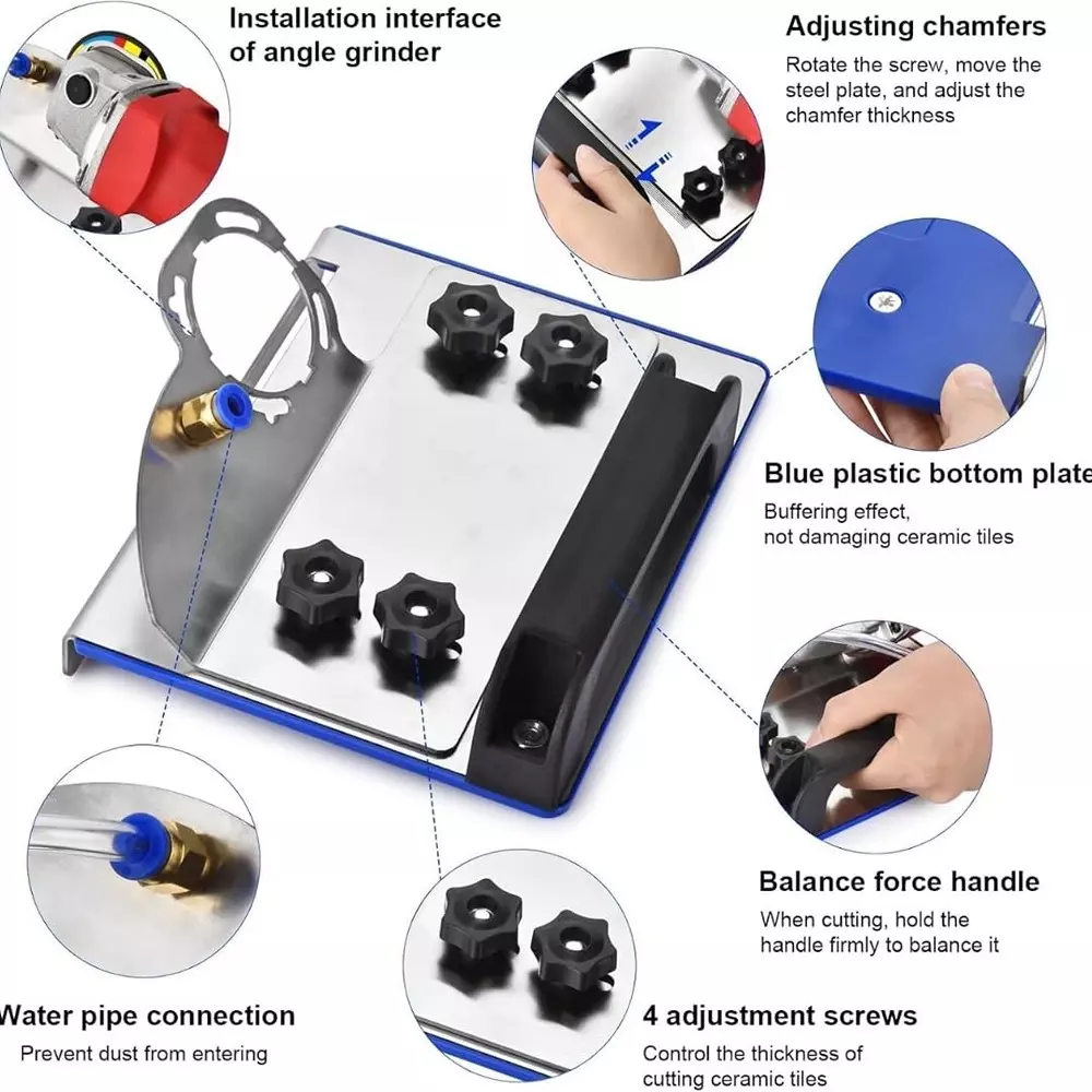 Jawsons Tile Chamfering & Cutting Guide 45° Small with Adjustable Thickness, Stainless Steel & PP Base