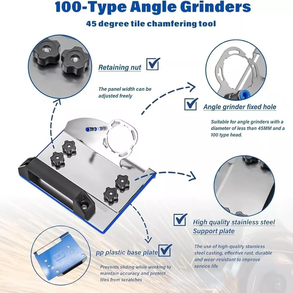 Jawsons Tile Chamfering & Cutting Guide 45° Small with Adjustable Thickness, Stainless Steel & PP Base