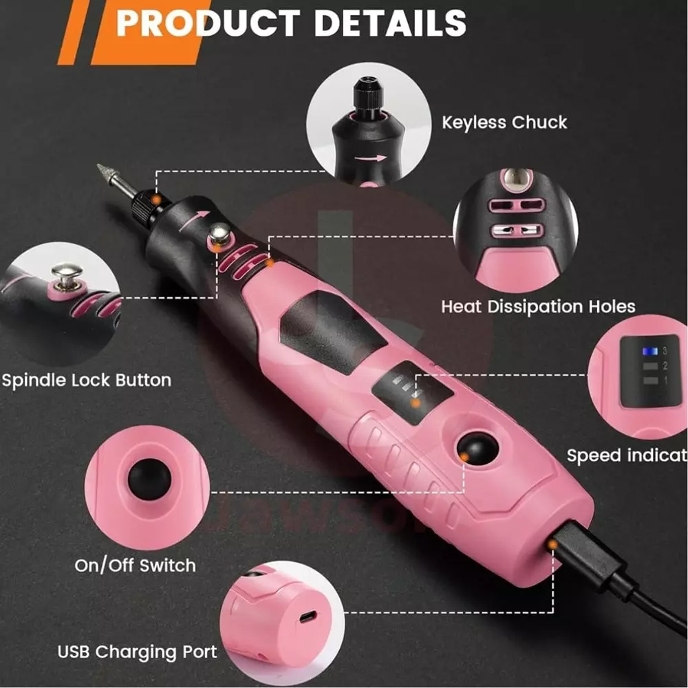 Jawsons Cordless Mini Grinder 4 V Rechargeable with Keyless Chuck & Spindle Lock Button, Pink & Black