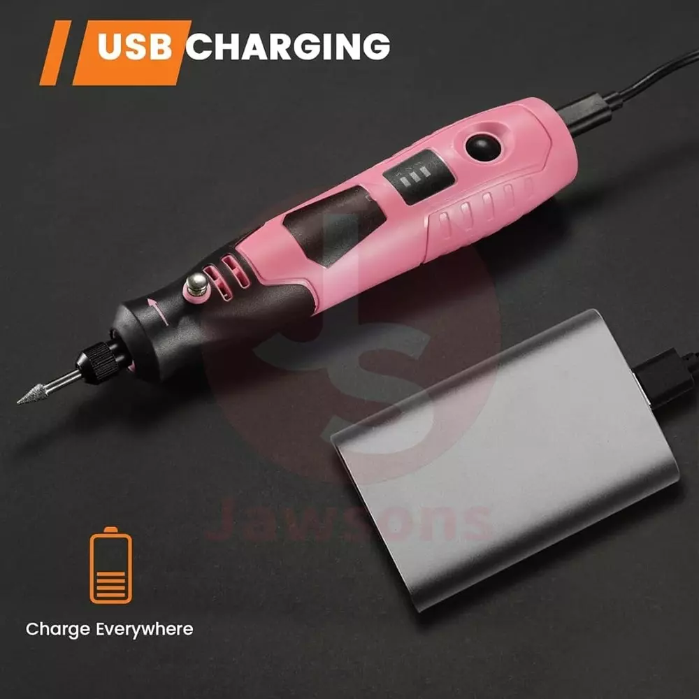 Jawsons Cordless Mini Grinder 4 V Rechargeable with Keyless Chuck & Spindle Lock Button, Pink & Black