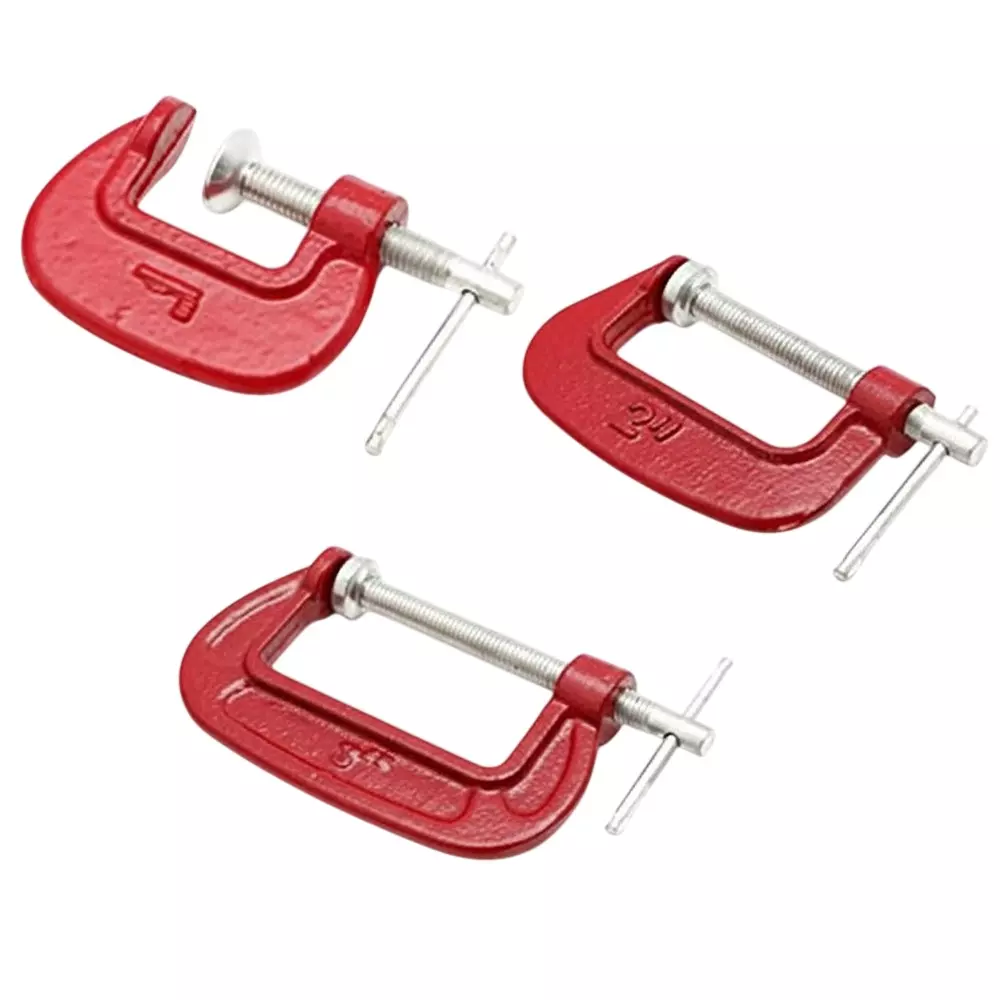 DY TOOLS Heavy Duty G Clamp Iron 1500 Pounds Tensile Strength 3 Versatile Size, Red & Silver (Pack of 3 Pcs)