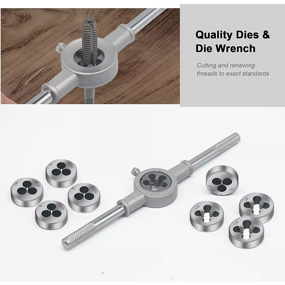 uptodateprouducts Tap and Die Set SAE Single Sided 1.6 to 12.7 mm (1/16 to 1/2 inch) Dia. Chrome Finish Alloy Steel (Set of 20 Pcs)