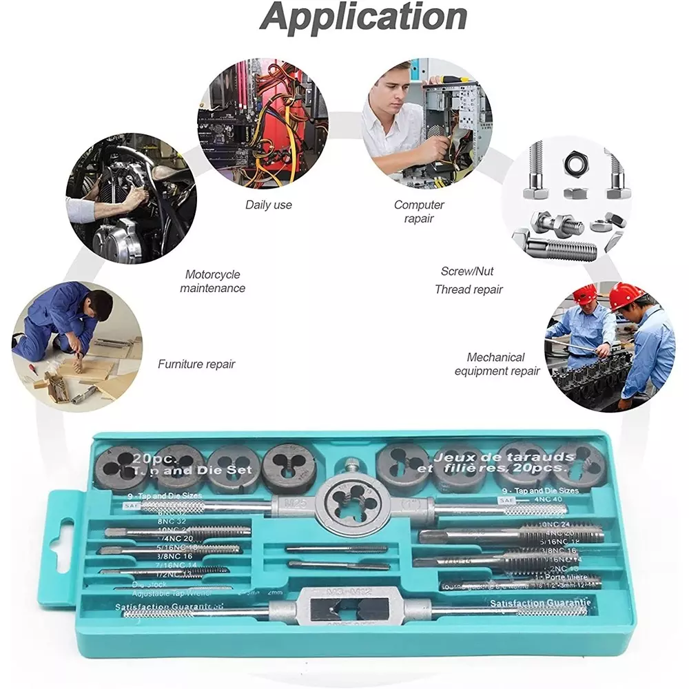uptodateprouducts Tap and Die Set SAE Single Sided 1.6 to 12.7 mm (1/16 to 1/2 inch) Dia. Chrome Finish Alloy Steel (Set of 20 Pcs)