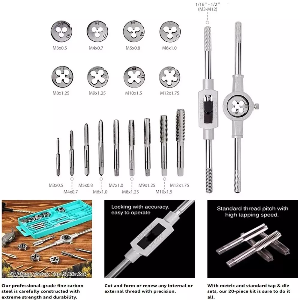FLAMINGO ENTERPRISE Tap and Die Set Single Sided M3 to M12 Range, FM-597 (Set of 20 Pcs)
