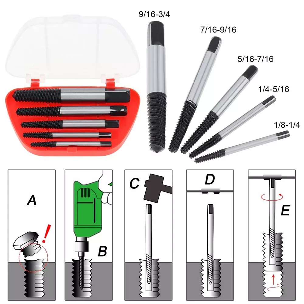 H9 Screw Extractor Set Straight Shank Chrome Vanadium Steel For Damaged Broken Bolts, Studs, Screws & Pipes (Pack of 5)