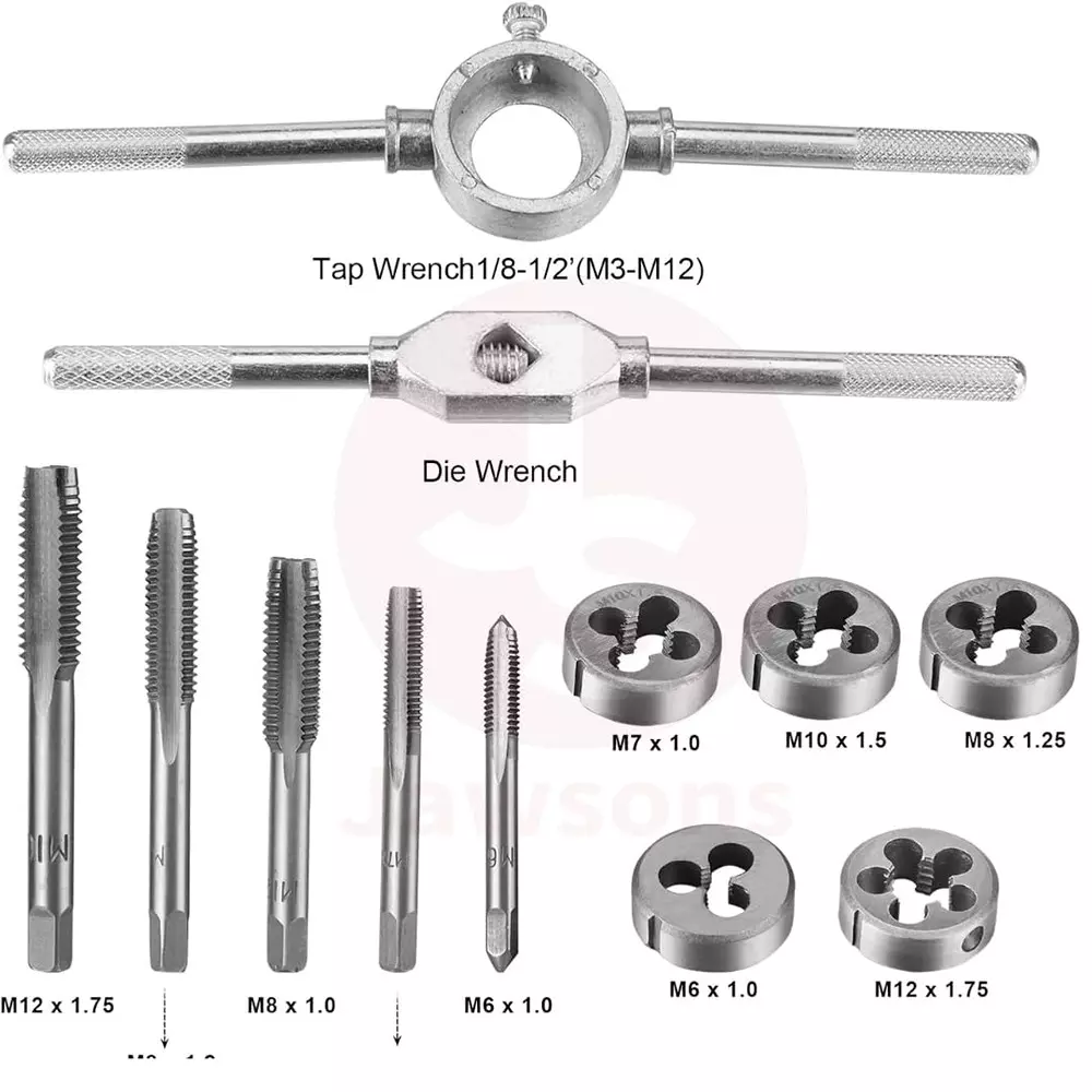 Jawsons Tap & Die Set Durable Tungsten Alloy Steel for Cutting M6-M12 Internal & External Threads (Set of 12 Pcs)