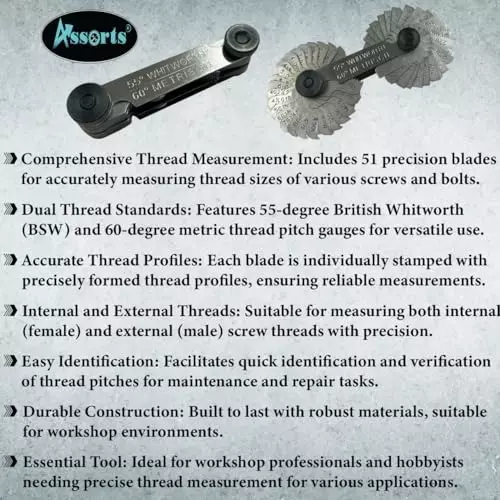 Assorts BSW & Metric Thread Guage Stainless Steel Flat Head 55� & 60� Angle 51 Blades