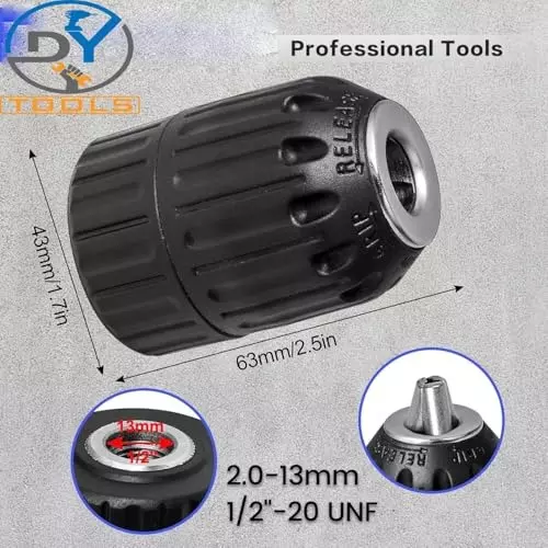 DY TOOLS Keyless Drill Chuck Adapter with Bit & Hex Shank 2-13 mm Capacity 3-Jaw 6.35 mm SDS-Plus Shank 12.7 mm-20 UNF (1/2 Inch-20 UNF) Thread