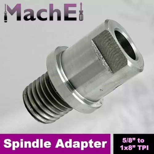 MachEl Shopsmith Mark V Lathe Spindle Adapter – 5/8 inch (1.58 mm) to 1 inch (2.54 mm) x 8 TPI Chuck, Silver