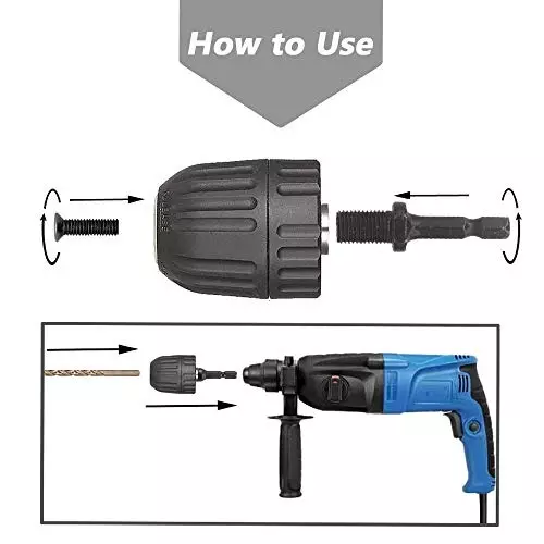 DY TOOLS Keyless Drill Chuck Adapter with Hex Shank 0.8-10 mm Capacity 3-Jaw 6.35 mm Hex Shank 9.5 mm-24 UNF (3/8 Inch-24 UNF) Thread