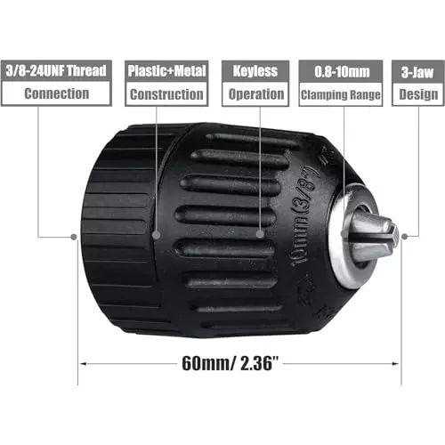 DY TOOLS Keyless Drill Chuck 0.8-10 mm Capacity 3-Jaw Hex Shank 9.5 mm-24 UNF ( 3/8 Inch-24 UNF) Thread