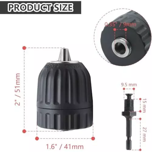 DY TOOLS Keyless Drill Chuck with Hex Shank 0.8-10 mm Capacity 3-Jaw 6.35 mm Hex Shank 9.5 mm-24 UNF ( 3/8 Inch-24 UNF) Thread