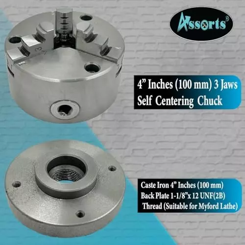 Assorts Self-Centering Lathe Chuck with Back Plate 100 mm Size 3 Jaws 1-1/8 Inch x 12 UNF (2B) for Myford Lathes