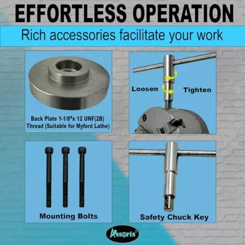 Assorts Self-Centering Lathe Chuck with Back Plate 100 mm Size 3 Jaws 1-1/8 Inch x 12 UNF (2B) for Myford Lathes