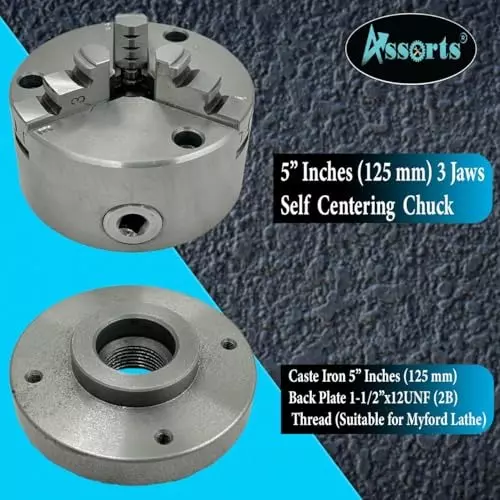 Assorts Self-Centering Lathe Chuck with Back Plate 125 mm Size 3 Jaws 1-1/2 Inch x 8 TPI for Myford Lathes
