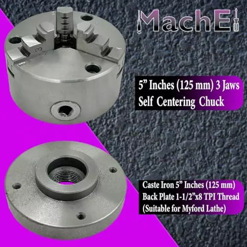 MachEl 5 inch (125 mm) 3-Jaw Self-Centering Lathe Chuck with Cast Iron Back Plate For Myford Lathes