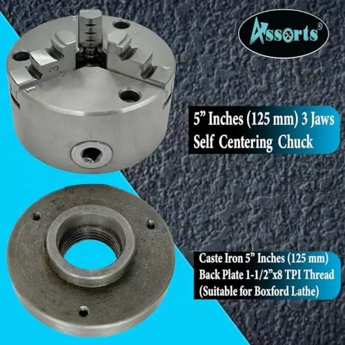 Assorts Self-Centering Lathe Chuck with Back Plate 125 mm Size 3 Jaws 1-1/2 Inch x 8 TPI for Similar Lathes