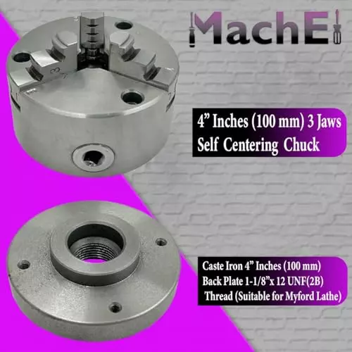 MachEl 4 inch (100 mm) 3-Jaw Self-Centering Lathe Chuck with Cast Iron Back Plate For Myford Lathes