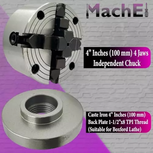MachEl 4 inch (100 mm) 4-Jaw Independent Lathe Chuck with Cast Iron Backplate For Boxford Lathe