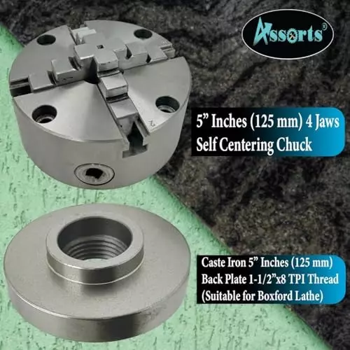 Assorts Self-Centering Lathe Chuck with Back Plate 125 mm Size 4 Jaws 1-1/2 Inch x 8 TPI for Boxford Lathe