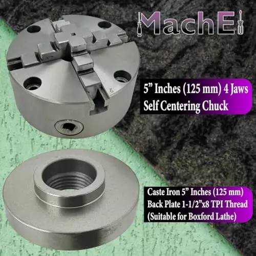 MachEl 5 inch (125 mm) 4-Jaw Self-Centering Lathe Chuck with Cast Iron Backplate For Boxford Lathe