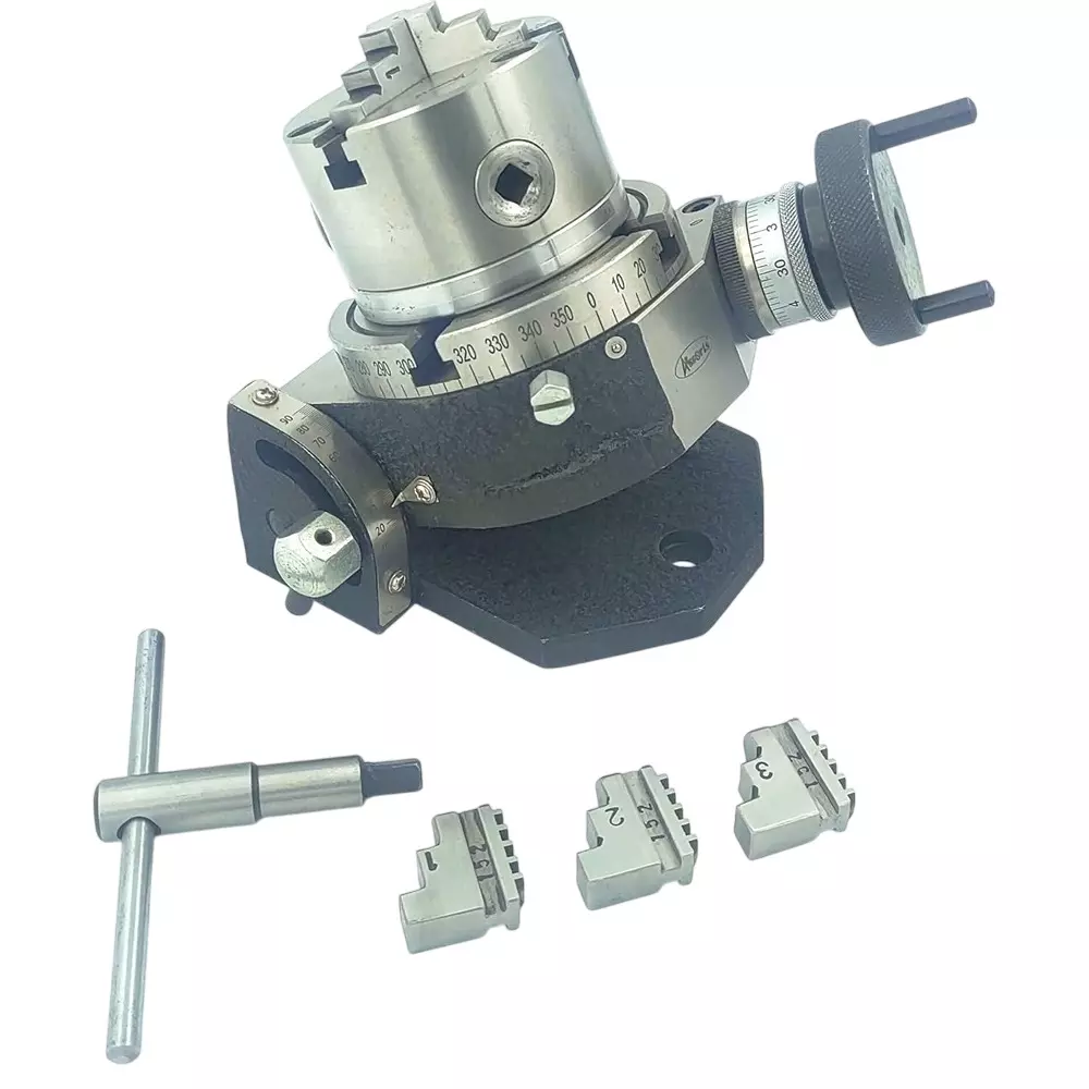 Assorts Self Centering Chuck with Back Plate 80 mm Jaw Size 3 Jaws 100 mm Tilting Rotary Table