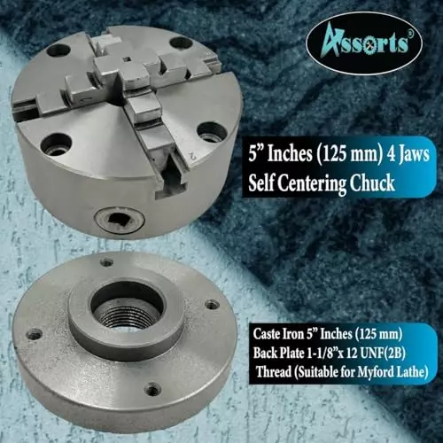 Assorts Self-Centering Lathe Chuck with Back Plate 125 mm Size 4 Jaws 1-1/8 Inch x 12 UNF (2B) for Myford Lathes