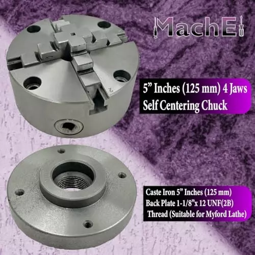 MachEl 5 inch (125 mm) 4-Jaw Self-Centering Lathe Chuck with Cast Iron Back Plate For  Myford Lathes