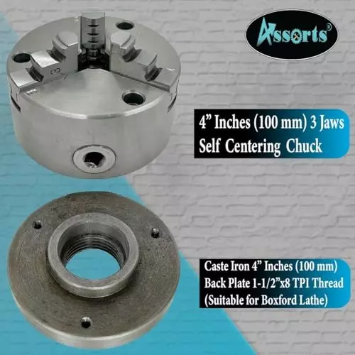 Assorts Self-Centering Lathe Chuck with Back Plate 100 mm Size 3 Jaws 1-1/2 Inch x 8 TPI for Boxford Lathe