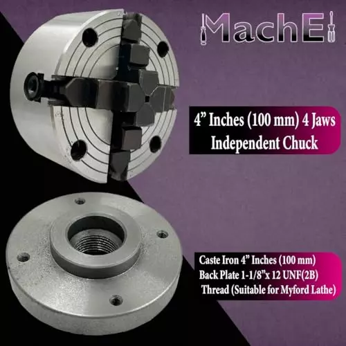 MachEl 4 inch  (100 mm) 4-Jaw Independent Lathe Chuck with Cast Iron Backplate For Fit Myford Lathes and Precision Metalworking Tool