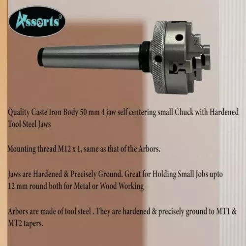 Assorts Small Chuck Cast Iron Body & Tool Steel 12 mm Self Centering Chuck MT1 & MT2 Arbor 50 mm 4 Jaw M12x1