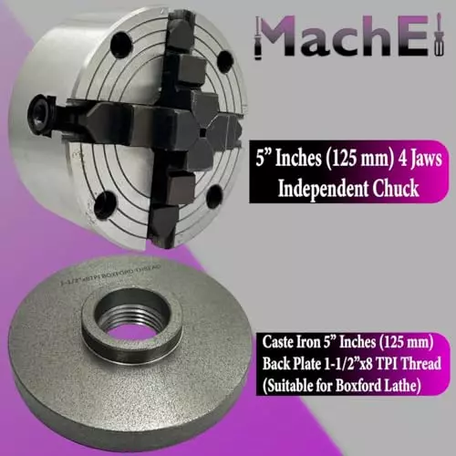MachEl 5 inch (125 mm) 4-Jaw Independent Lathe Chuck with Cast Iron Backplate For Boxford Lathe