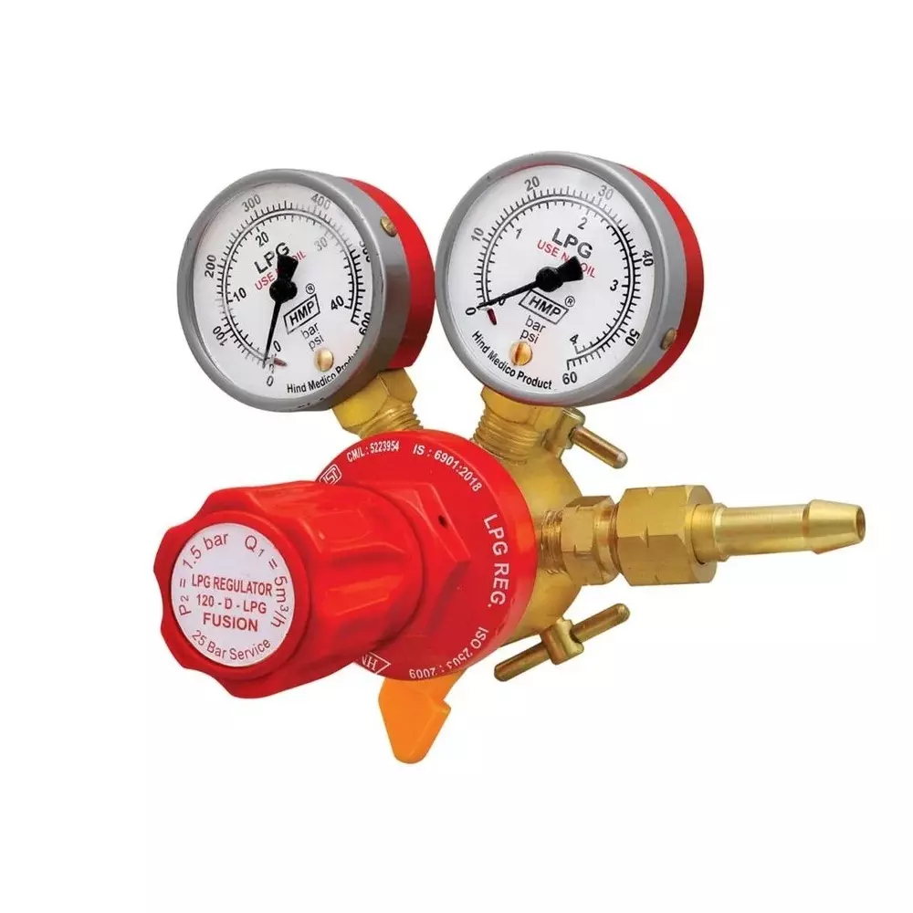 HMP LPG Pressure Regulator with Inbuilt Adaptor Single Stage 25 Bar Double Gauge Brass Forging Body, 120-D-LPG-FUSION