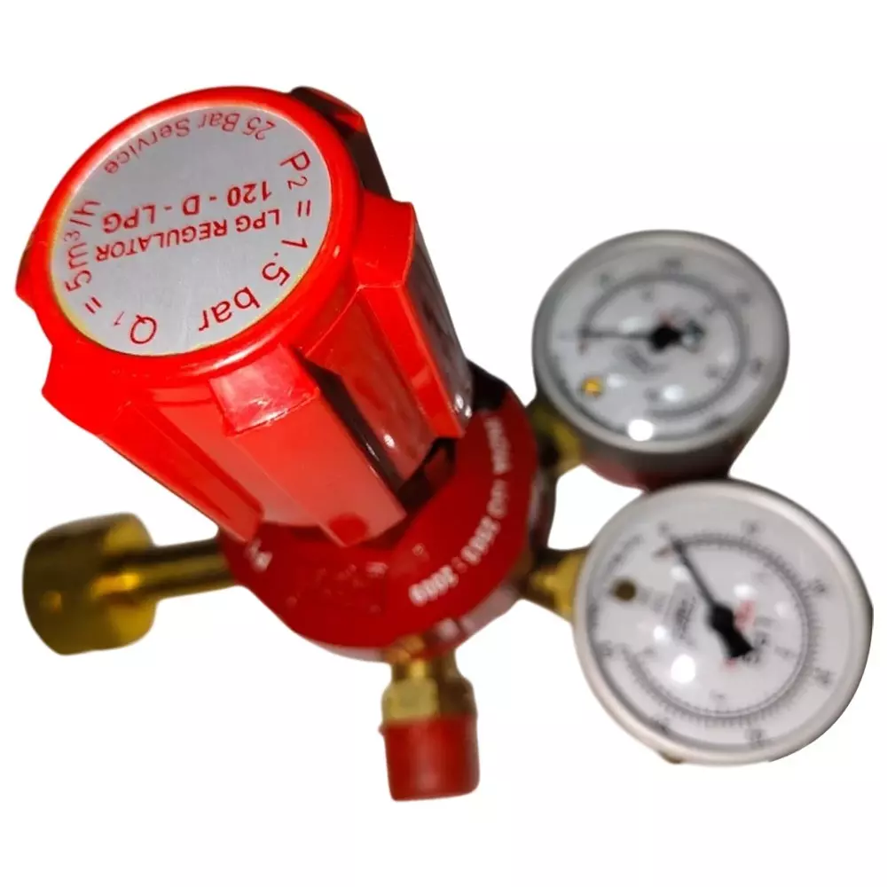 HMP LPG Pressure Regulator with Inbuilt Adaptor Single Stage 25 Bar Double Gauge Brass Forging Body, 120-D-LPG-FUSION