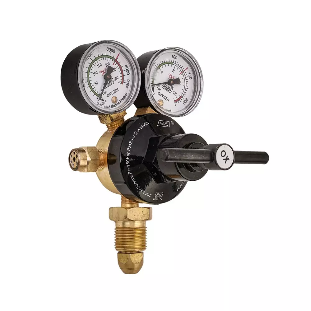 HMP Oxygen Regulator Single Stage 300 Bar Double Gauge Brass Forging Body, 50-D-OX(PROUD)