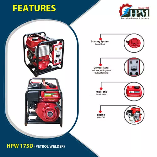 HPM Welding Generator 75 - 175 Amps Output 6.5 HP Petrol Recoil Starter, HPW-175D