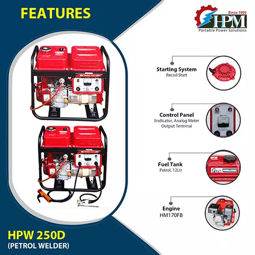 HPM Welding Generator 50 - 200 Amps Output 7.5 HP Petrol Recoil Starter, HPW-250D