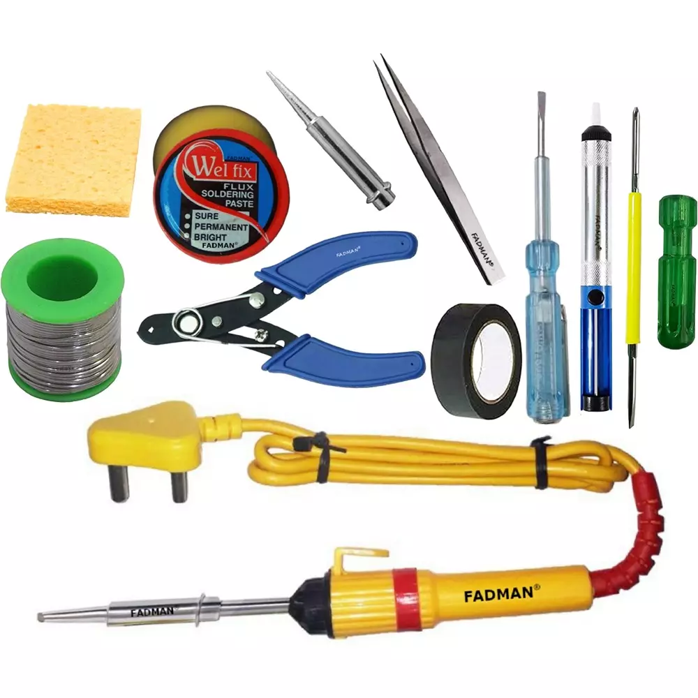 Fadman 11 In 1 Soldering Iron Kit, Solder Wire, Soldering Paste Flux, Desoldering Pump, Wire Cutter, Soldering Iron Bit, Sponge, 2 In 1 Screw Driver, Tester, Tweezer, Hardware Tape, Soldering Iron 25 W Simple (Flat Tip)