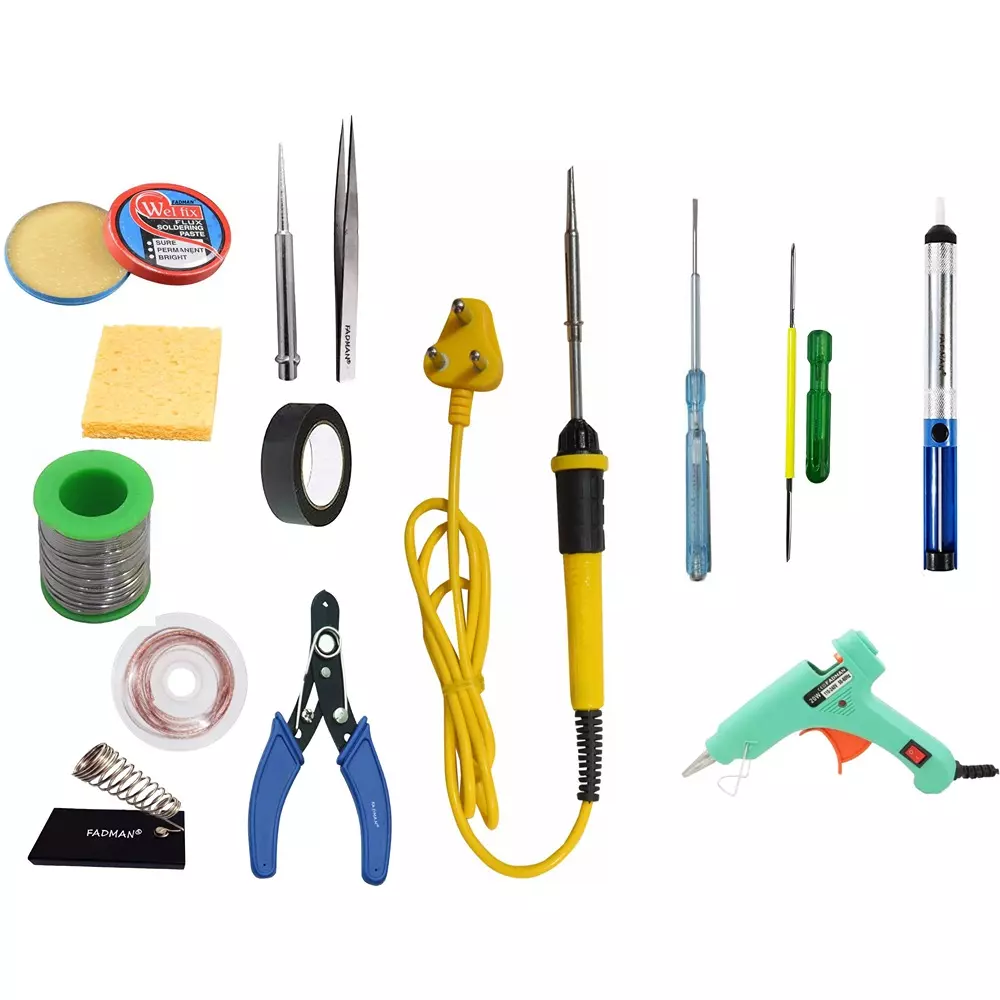 Fadman Soldering Iron Kit, Solder Wire, Soldering Paste, Stand, Bit, Tweezer, Sponge, Cutter, 2In1 Crew Driver, Tester, Wick, Tape, Pump, 20W Glue Gun, Yellow & Black Soldering Iron 25 W Simple (Flat Tip)
