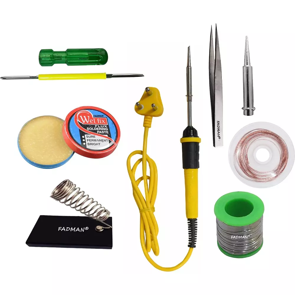 Fadman Soldering Iron Kit, Solder Wire, Soldering Paste, Stand, Bit, Tweezer, Desoldering Wick, 2In1 Screw Driver, Yellow & Black Soldering Iron 25 W Simple (Flat Tip)
