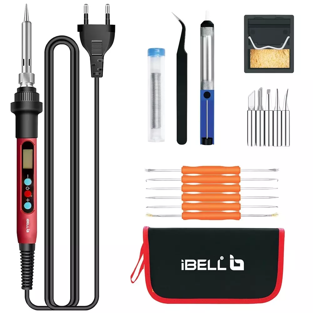 IBELL Soldering Iron Kit 60 W Includes Soldering Iron, Stand, Solder Wire, ESD Tweezers, Solder Sucker, 5 Nozzles, 6 Soldering/Desoldering Tips and a Carry Bag