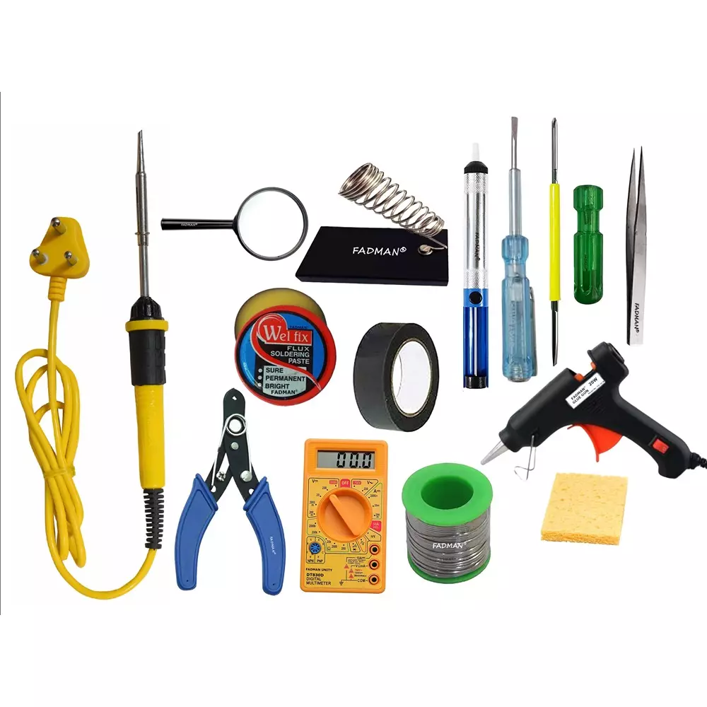 Fadman Beginner Basic Soldering Iron Kit Pack-14, Solder Wire, Stand, Cutter, Paste, Tweezer, Tester, 2In1 Screw Driver, Sponge, Pump, Magnifying Glass, Tape, Multimeter, 20W Glue Gun, Soldering Iron 25 W Simple (Flat Tip)