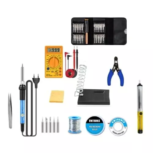 VMTRONIX Temperature Adjustable Soldering Iron Kit 60 W Iron Plated Tip for Precision Electric Work (Kit of 18 Pcs)