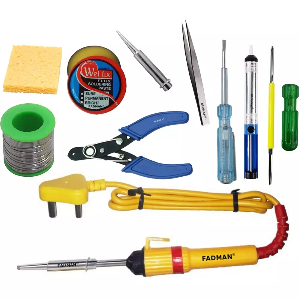 Fadman 10 In 1 Soldering Iron Kit, Solder Wire, Soldering Paste Flux, Desoldering Pump, Wire Cutter, Soldering Iron Bit, Sponge, 2 In 1 Screw Driver, Tester, Tweezer, Soldering Iron 25 W Simple (Flat Tip)