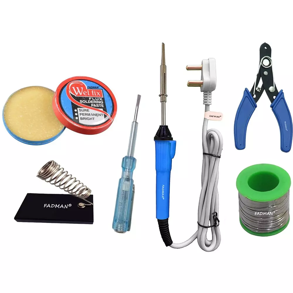 Fadman Basic Complete Part Type-6 Soldering Iron Kit, Solder Wire, Soldering Paste Flux, Soldering Iron Stand, Wire Cutter, Electric Current Tester, Soldering Iron 25 W Simple (Flat Tip)