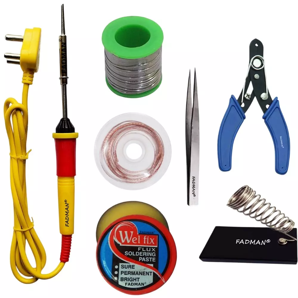 Fadman Basic Complete Part Type-7 Soldering Iron Kit, Wire Cutter, Stand, Solder Wire, Tweezer, Soldering Flux, Desoldering Wick, Soldering Iron 25 W Simple (Flat Tip)