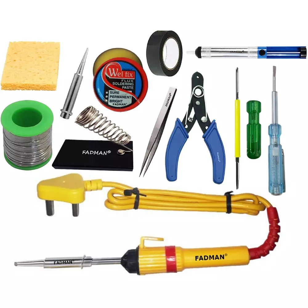 Fadman 12 In 1 Soldering Iron Kit, Solder Wire, Soldering Paste Flux, Desoldering Pump, Wire Cutter, Soldering Iron Bit, Sponge, 2 In 1 Screw Driver, Tester, Tweezer, Hardware Tape, Stand, Soldering Iron 25 W Simple (Flat Tip)
