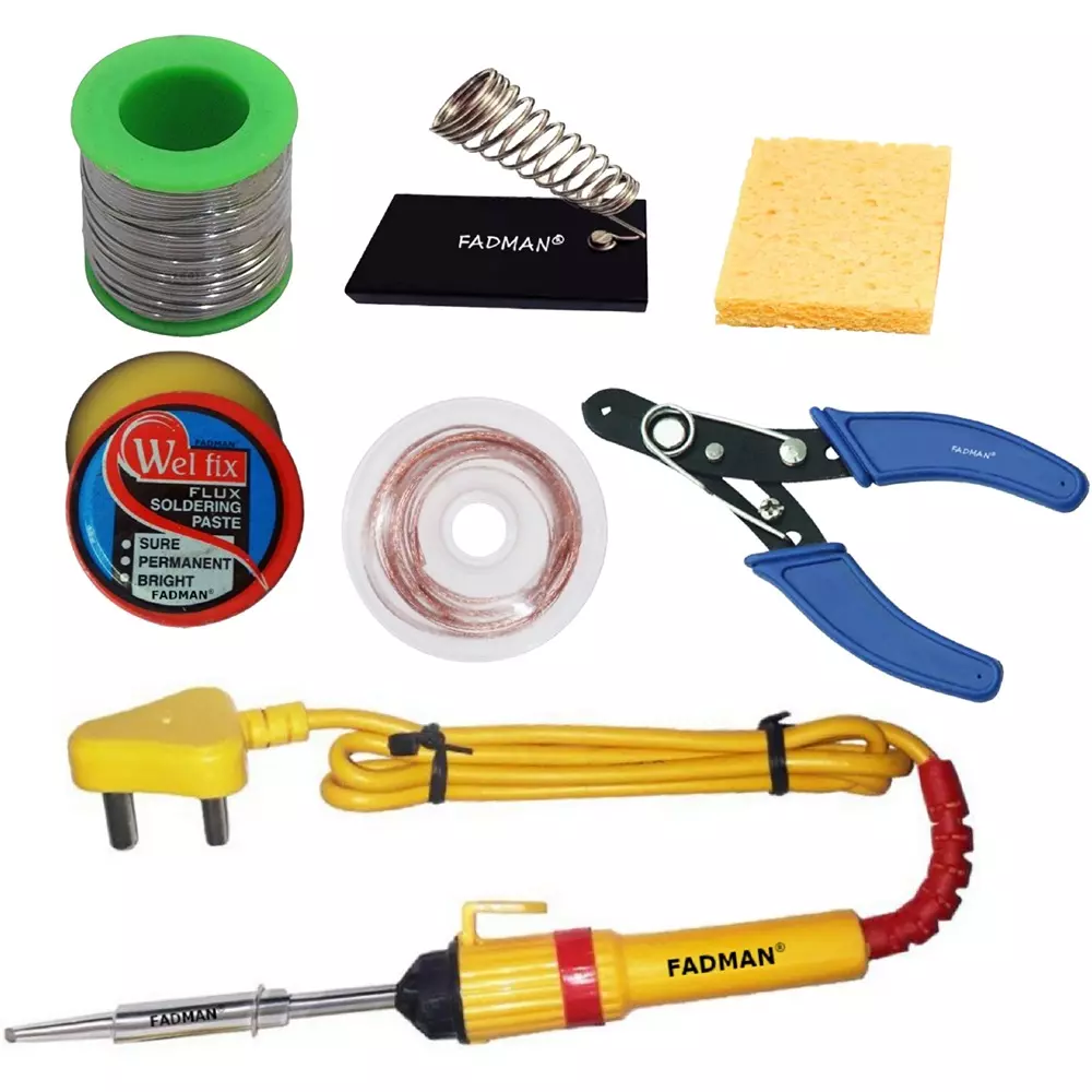Fadman 7 In 1 Soldering Iron Kit, Solder Wire, Soldering Paste Flux, Desoldering Wick, Wire Cutter, Stand, Sponge, Soldering Iron 25 W Simple (Flat Tip)